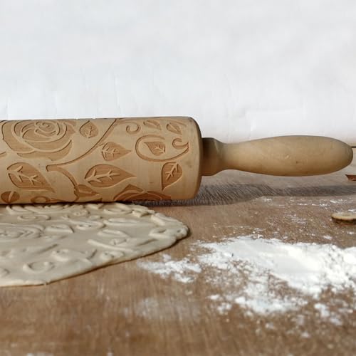Ragyzity Wooden Embossed Rolling Pin for Baking, Rose Flower Embossed Engraved Carved Rolling Pin, Wooden Roll Pin Laser Engraved Rolling Pin DIY Tool for Making Cookie Dough Crusts Pies Pastry
