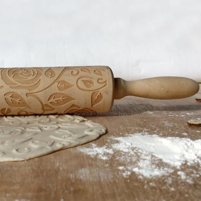 Ragyzity Wooden Embossed Rolling Pin for Baking, Rose Flower Embossed Engraved Carved Rolling Pin, Wooden Roll Pin Laser Engraved Rolling Pin DIY Tool for Making Cookie Dough Crusts Pies Pastry