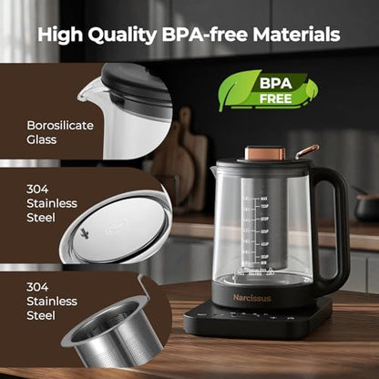 Narcissus Electric Kettle Temperature Control ±5℉, 1.8L Glass Electric Tea Kettle with Removable Infuser for Flowers & Fruit Tea, 1200W Fast Boiling, 6 Hours Keep Warming, Black