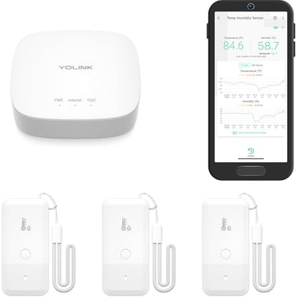 YoLink Smart Wireless Thermometer Hygrometer, 3-Pack, Wide Temp Range for Freezer, Fridge, Green House, Pet Cage, App Alerts, Emails, Text/SMS alerts, 5 Years Battery Life- Hub Included