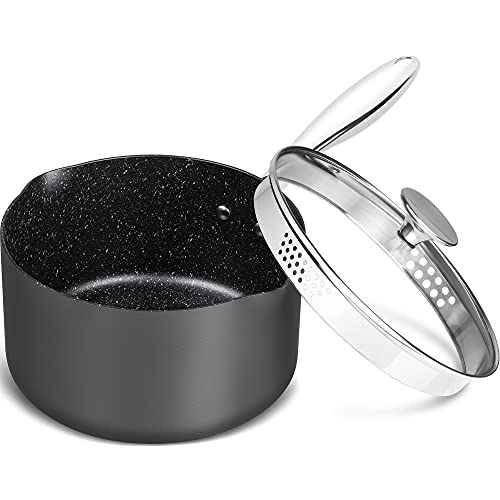 MICHELANGELO 3 Quart Saucepan with Lid, Hard Anodized Nonstick Sauce Pan with Strainer Lid & Pour Spouts for Easy Pour, Granite Derived Coating Sauce Pan for Cooking, Small Pot - 3 Qt Saucepan
