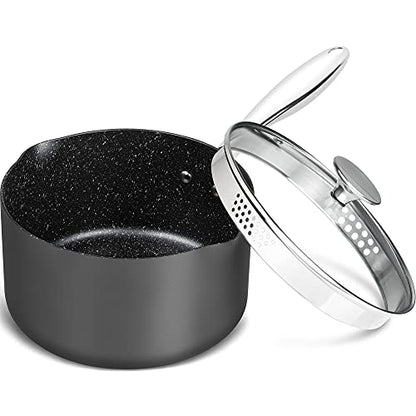 MICHELANGELO 3 Quart Saucepan with Lid, Hard Anodized Nonstick Sauce Pan with Strainer Lid & Pour Spouts for Easy Pour, Granite Derived Coating Sauce Pan for Cooking, Small Pot - 3 Qt Saucepan