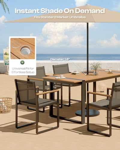 Oasbira Outdoor Dining Set, HDPS + Aluminum Patio Table and Chairs Set with U-Shaped Base, 7 Piece Outdoor Furniture Set with Umbrella Hole, Patio Dining Table Set for Garden, Backyard (Gray-Teak)