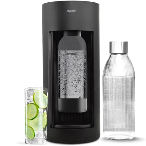 Mysoda Glassy Soda Maker + 1L Glass and 1L Plastic Bottle - Silent Carbonated Water Machine Soda Maker with Sliding Door Opening - No Cylinder Included - Black