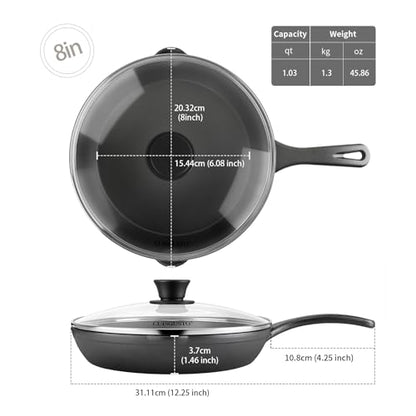 CUISGUSTO 8 Inch Cast Iron Skillet with Tempered Glass Lid, Pre-Seasoned, Even Heat Distribution, Silicone Handle Cover & Pan Scraper, Ideal for Breakfast & Everyday Cooking