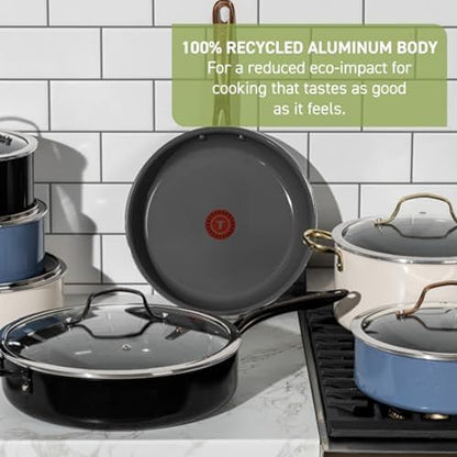 T-Fal Preserve Ceramic, Non stick Cookware Set 13-Piece, Oven & Broiler Safe up to 350°F, Includes Stockpot, Saucepans, Frying Pans, Protectors, Pots and Pans, Blue