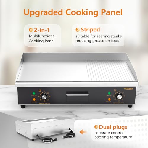 ROVSUN 30" Electric Griddle, Electric Countertop with Half Flat Top Griddle, 3000W Grill Stainless Steel with Adjustable Temperature Control 122°F-572°F for Commercial Home Restaurant, Plug