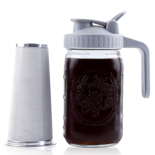 Cold Brew Coffee Maker 32 Oz Mason Jar Cold Brew Pitcher With Strainer 1 Quart Wide Mouth Glass Iced Coffee Maker With Spout Lids Glass Pitcher For Fridge, Sun Tea, Lemonade, Cold Brew