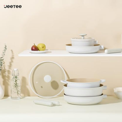 JEETEE Ceramic Cookware Set, 15 PCS Pots and Pans Set Non Stick with Removable Handles, Non Toxic Induction Kitchen Cookware Sets, Oven Safe PFAS/PFOA Free Cream
