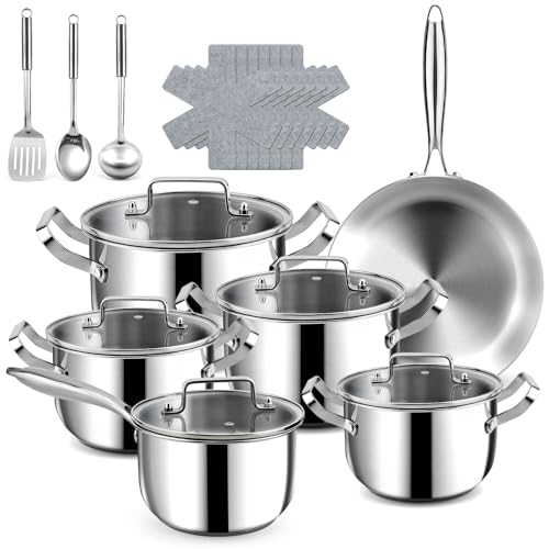 Fruikit Stainless Steel Cookware Set - 21 PCS Kitchen Cookware Sets with 3-Ply Frying Pan, Even Heating, Cool Handle, Chef Quality Cooking Set, Pots and Pans Set Induction Ready, Dishwasher Safe