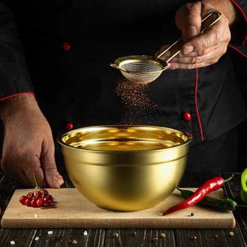 Baderke 6 Pcs Gold Kitchen Accessories Set Includes 3 Gold Mixing Bowls with Airtight Lids Stainless Steel Colander Grater Slicer and Fine Mesh Strainer(Mixing Bowls: 2.8/3.7/5 Qt, Colander: 4 Qt)