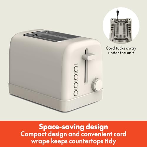 bella 2 Slice Toaster, 6 Setting Shade Control w Reheat, Cancel, Bagel & Defrost Buttons, Removable Crumb Tray, Anti Jam & Auto Shutoff, Auto Centering Guides & Cord Wrap, 900 Watt, Oatmilk