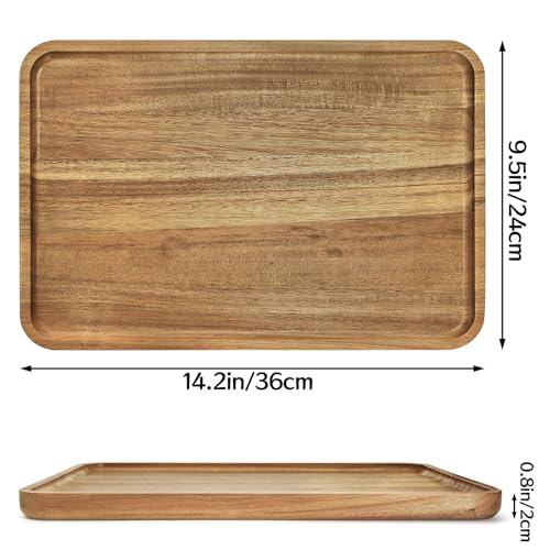 YOUEON Set of 2 Acacia Wood Serving Tray with Raised Edge, 14.2 x 9.5 Inch Rectangular Serving Tray, Appetizer Cheese Plate, Sandwich Dessert Trays, Wood Plates for Food, Coffee, Fruit, Cookie