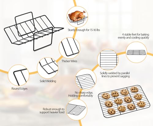 TeamFar Roasting Pan, 14” Nonstick Deep Lasagna Brownie Turkey Pan with V-Shaped Rack & Cooling Rack, with Stainless Steel Core & Nonstick Coating, Healthy & Heavy Duty, Easy to Clean, Set of 3