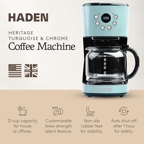 HADEN Coffee Machine, 12 Cup Programmable Drip Coffee Maker with Auto Shut-Off Function and Reusable Washable Water Filter, Turquoise & Chrome
