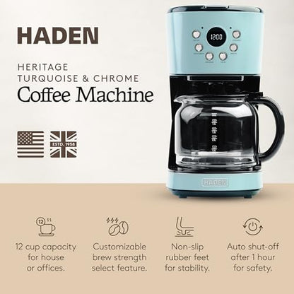 HADEN Coffee Machine, 12 Cup Programmable Drip Coffee Maker with Auto Shut-Off Function and Reusable Washable Water Filter, Turquoise & Chrome
