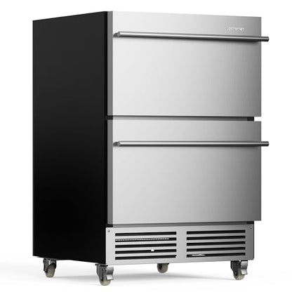 Upstreman 24 Inch Under Counter Double Drawer Refrigerator, Waterproof Stainless Steel Outdoor Refrigerator, Grid Organizers, LED Light, Built-in or Freestanding Beverage Fridge for Home/Patio -BR50D