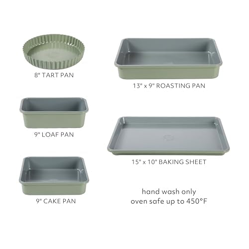 Sur La Table Kitchen Essential Carbon Steel Baking Pans Bakeware Set W/Premium PFOA, PFAS, PTFE Free Grey Non stick - Juniper Green Exterior