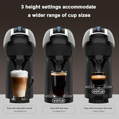 KOTLIE EM-308B Espresso Machine, Single Serve Coffee Maker Compatible with Multiple Capsule Types, Ground Coffee, and ESE Pods. 3 Temperatures, 7 Water Volume Levels, and a 1L Water Tank（Gray）