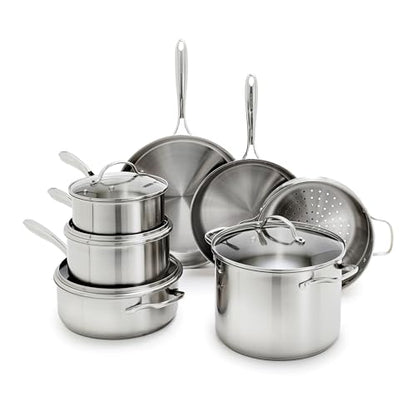 GreenPan Stainless Steel Cookware Set, 11 Piece, Induction Cookware, Dishwasher Safe, Oven Safe to 600F, Large 8QT Stock Pot, Sauce, Saute, Frying Pans, Pots & Pans Kitchen Essentials, Silver