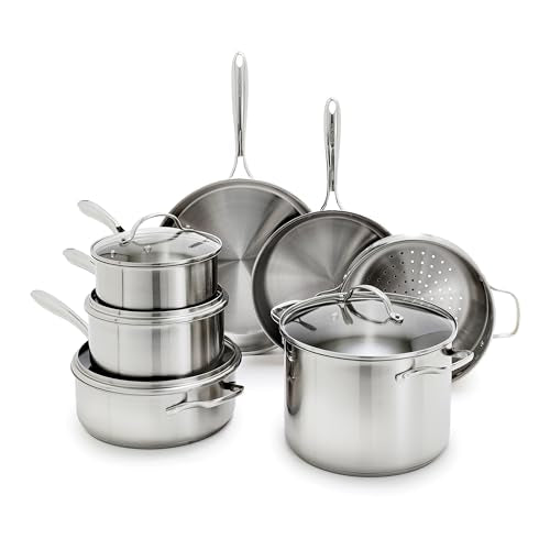 GreenPan Stainless Steel Cookware Set, 11 Piece, Induction Cookware, Dishwasher Safe, Oven Safe to 600F, Large 8QT Stock Pot, Sauce, Saute, Frying Pans, Pots & Pans Kitchen Essentials, Silver