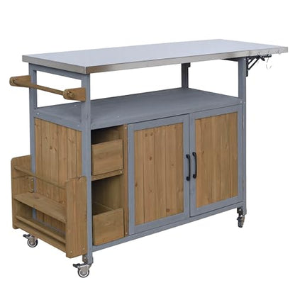 Christopher Knight Home Edsel Outdoor Bar Cart with Stainless Steel Top and Lockable Wheels, Solid Wood Outdoor Storage Cabinet, Kitchen Island Serving Cart for Poolside, Walnut Brown+Blue Gray