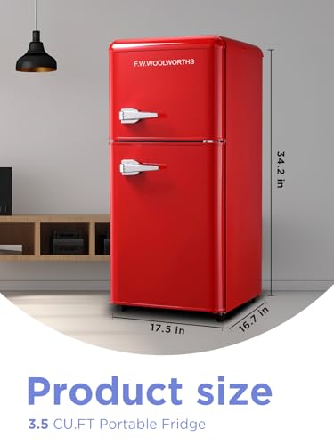F.W.WOOLWORTHS 3.5 Cu.Ft Fridge with Freezer, Refrigerator with 2 Doors for Office, Kitchen, Dorm and Bedroom, Fridge with 7 Level Temp Adjustable Thermostat, Red