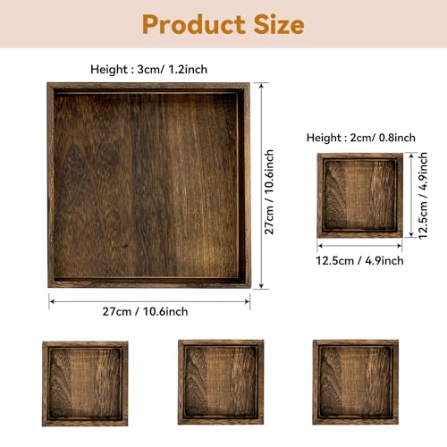 5-Piece Rustic Wooden Serving Tray Set, Handcrafted Nesting Trays with Handles for Ottoman & Coffee Table Decor, Lightweight Paulownia Wood Food Trays for Kitchen, Outdoor Picnic & Parties