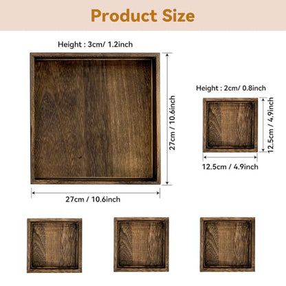 5-Piece Rustic Wooden Serving Tray Set, Handcrafted Nesting Trays with Handles for Ottoman & Coffee Table Decor, Lightweight Paulownia Wood Food Trays for Kitchen, Outdoor Picnic & Parties