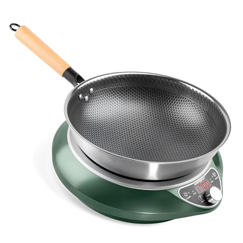 ABngdun Concave Induction Wok Cooktop, 1700W 120V Portable Induction Burner Electric Hot Plate (Cooktop with Stainless Steel Wok)