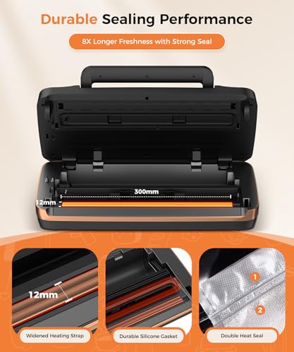 Vacuum Sealer Machine, Updated Powerful 95KPa Commercial Food Saver with Double Seal for 2X Strength, Built-in Cutter, Bags Storage & Easy-Lock Handle, Includes Free Bags (1 Roll + 10 Pre-cut) Black