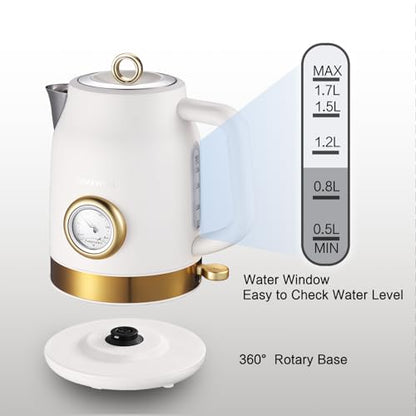 QUAXWELL Retro Electric Tea Kettle, 1.7L, Matte White and Gold