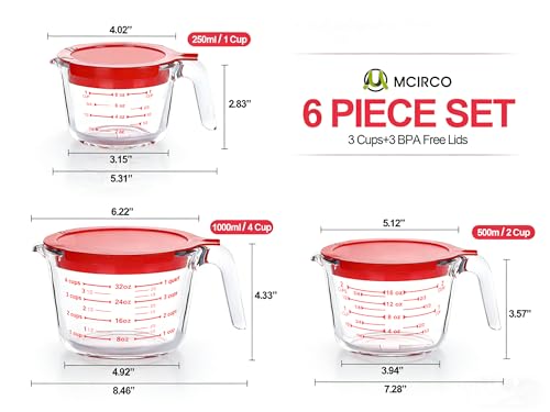 M MCIRCO 6 Pcs Glass Measuring Cups with Lids Set, 1-Cup, 2-Cup, 4-Cup Measuring Jugs with Handle, Nesting Liquid Measuring Cups for Kitchen
