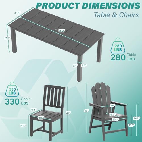 Tioline 9-Piece Patio Dining Set, Outdoor Dining Set for 8, HDPE All-Weather Outdoor Furniture with 75.20” Umbrella Hole Table, 2 Armchairs & 6 Armless Chairs, Gray