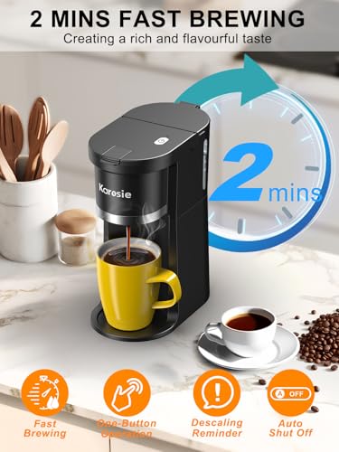 Karosie Small Single Serve Coffee Maker, Fast Brew for K-Cup & Ground Coffee, 6-12 Oz Brew Sizes, One-Button Single Cup Coffee Maker, Coffee Machine with Descaling Reminder