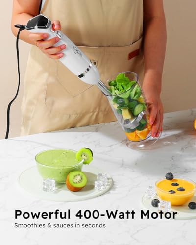 Sangcon Immersion Blender Handheld, 3-in-1 Hand Blender Electric, 400W Handheld Licuadora de mano, Stainless Steel Blade Stick Mixer with Whisk, Milk Frother Attachments White