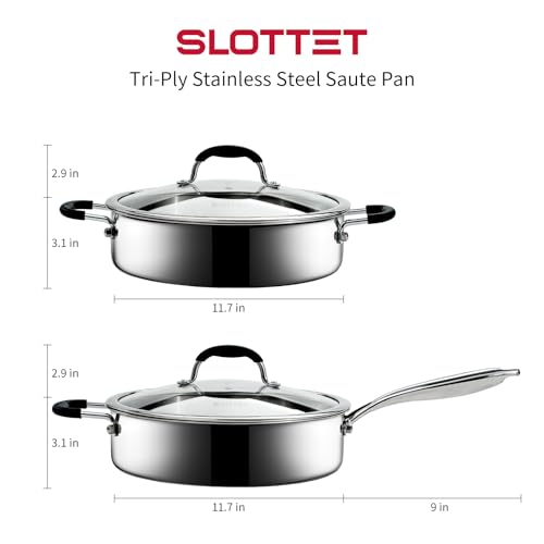 SLOTTET Tri-Ply Stainless Steel Saute Pan with Lid, 5 Quart Deep Sauté Pan with Stay Cool Handle,11.5 Inch Frying Pan,Dishwasher and Oven Safe,Induction Stainless Steel Cookware