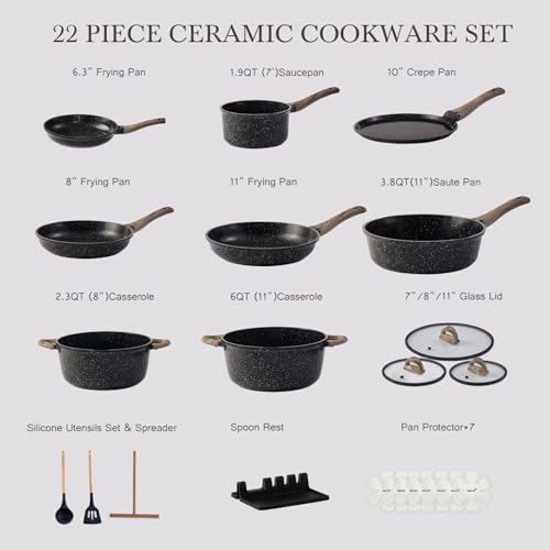 USELUCK Ceramic Cookware Set 22 Piece Nonstick Pots and Pans Set Non Stick Kitchen Cooking Sets 8"Frying Pans with Lid,Black Granite Non-Toxic Induction Kitchen Cookware w/Glass Lids PFOS/PFOA-Free