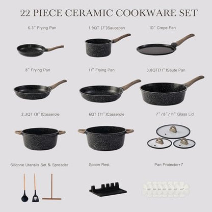 USELUCK Ceramic Cookware Set 22 Piece Nonstick Pots and Pans Set Non Stick Kitchen Cooking Sets 8"Frying Pans with Lid,Black Granite Non-Toxic Induction Kitchen Cookware w/Glass Lids PFOS/PFOA-Free