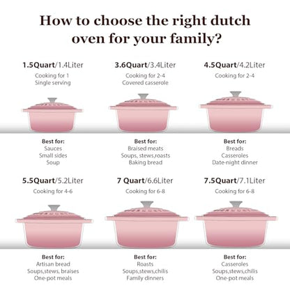 Overmont Enameled Cast Iron Dutch Oven - 4.5QT Pot with Lid Cookbook & Cotton Potholders - Heavy-Duty Cookware for Braising, Stews, Roasting, Sourdough Baking pink