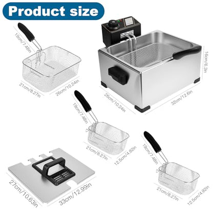 5 Liters Large Deep Fryer with Basket for Home Use, Electric Fryer with 3 Frying Baskets, Adjustable Temperature Control, Countertop Stainless Steel Deep Fryer with Basket for Home Use