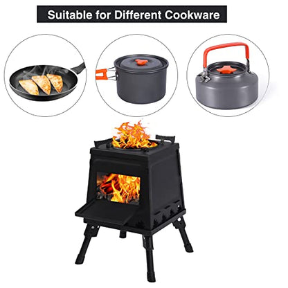 Lineslife Wood Burning Camp Stove, Portable Cast Iron Camping Wood Stove, Black Woodstove with Carrying Case for Backpacking Outdoor Cooking, Small