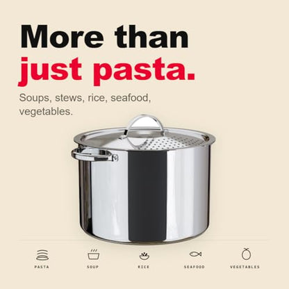 Stainless Steel Pasta Pot with Strainer Lid — 5.5 Qt Large Capacity Spaghetti Pot with Twist Lock Lid — Deep Cooking and Stock Pots for Boiling, Dishwasher Safe By Cooler Concepts