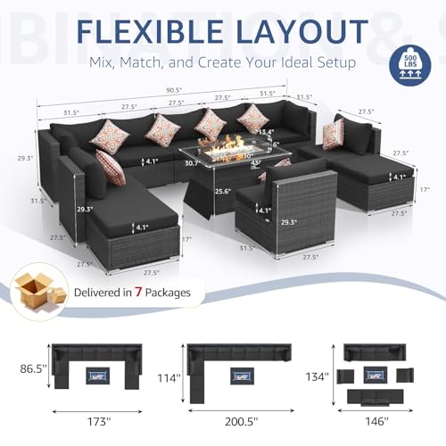 NICESOUL 11 Piece Extra Large Outdoor Furniture Sofa Set, Deep Wide PE Wicker Patio Modular Sectional with Fire Pit Table, 29.3'' High Back Modern Luxury All-Weather Rattan Conversation, Gray
