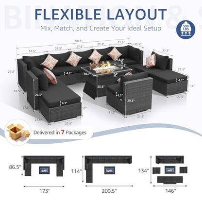 NICESOUL 11 Piece Extra Large Outdoor Furniture Sofa Set, Deep Wide PE Wicker Patio Modular Sectional with Fire Pit Table, 29.3'' High Back Modern Luxury All-Weather Rattan Conversation, Gray