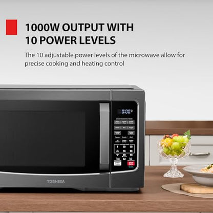 TOSHIBA EM131A5C-BS Countertop Microwave Ovens 1.2 Cu Ft, 12.4" Removable Turntable Smart Humidity Sensor 12 Auto Menus Mute Function ECO Mode Easy Clean Interior Black Color 1000W