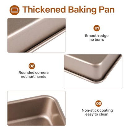 Barlket Deep Baking Pans Set, 3-Pieces Rectangle Cake Pan, Nonstick Carbon Steel Roasting Pans, 9/11/13 Inch, Lasagna Pan with 1.6-2.3 Inch Deep Size, Heavy Duty Stackable Oven Baking Trays, Gold