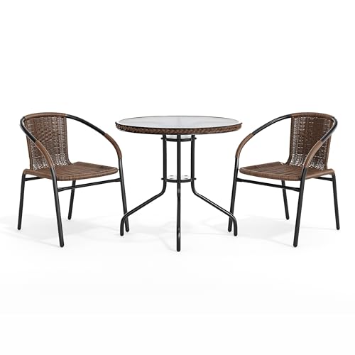 Flash Furniture Lila 28'' Round Glass Metal Table with Dark Brown Rattan Edging and 2 Dark Brown Rattan Stack Chairs