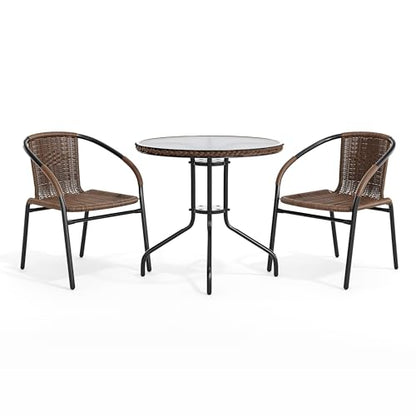 Flash Furniture Lila 28'' Round Glass Metal Table with Dark Brown Rattan Edging and 2 Dark Brown Rattan Stack Chairs