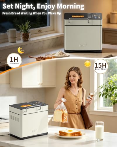 KBS 2.2LB Smart Bread Maker, 20-in-1 Automatic Bread Machine with Color Touchscreen, Dual Heaters, True Ceramic Pan, Auto Nut Dispenser, 2 Custom Programs, Sourdough&Gluten Free, White Stainless Steel
